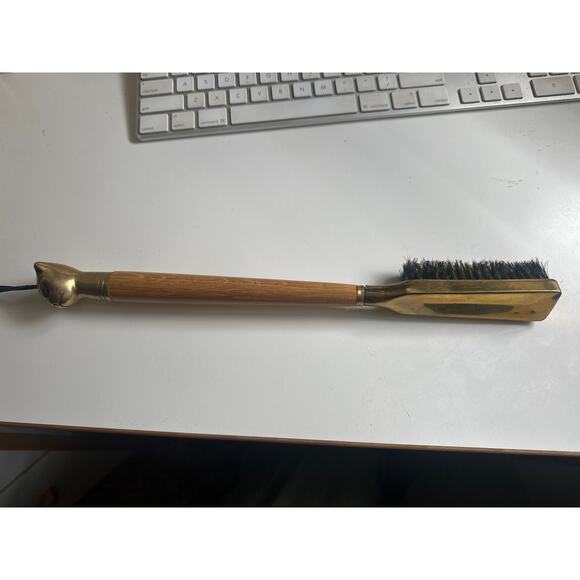 Vtg Brass Cat Handle shoe horn Brush Wood Shaft Rare Solid Handle designer MCM - Picture 1 of 12